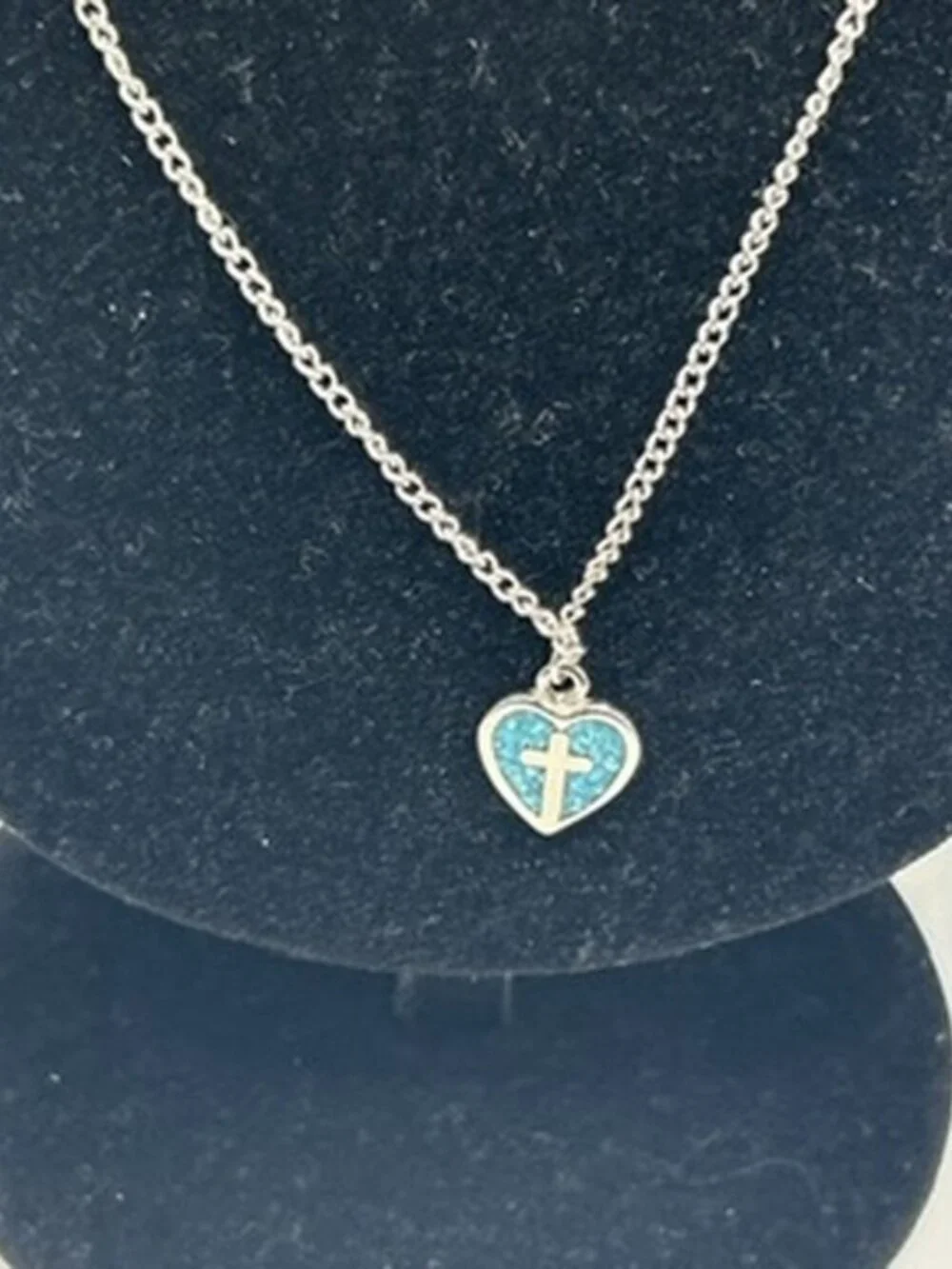 Womens Real Silver Blue Heart Cross Pendant Cable Chain Plated Stainless Steel